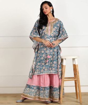 598A. Cotton Regular Paisely- Floral Print Long Kaftan With Sharara Sizes: M/L/XL/2XL On order, Price: 5800/-