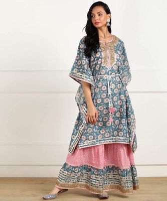 598A. Cotton Regular Paisely- Floral Print Long Kaftan With Sharara Sizes: M/L/XL/2XL On order, Price: 5800/-